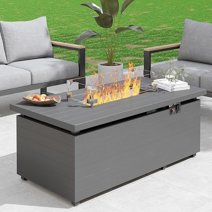 Sundale Outdoor 51 Inch Outdoor Fire Pit Table, 50,000 BTU Rectangle Propane Fire Pit with Glass Wind Guard, Rain Cover, Removable Lid, Matching with Outdoor Furniture Sets, CSA Certified, Gray