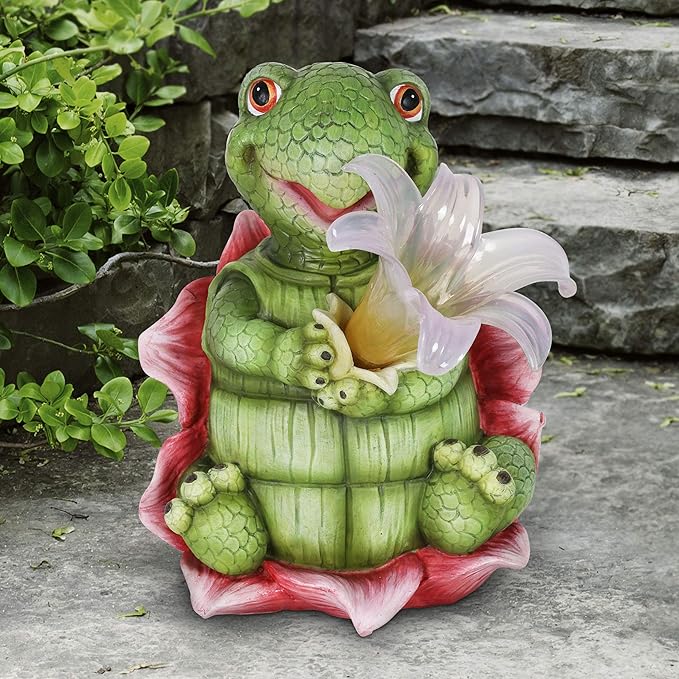 Exhart Solar Turtle Garden Statue, LED Lily Flower, Durable Resin, Cute Yard Décor, 7.5"x5.5"x8.5"