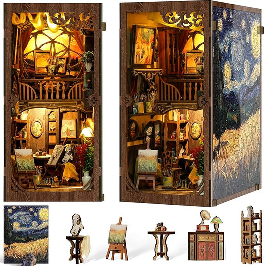 ISSEVE Book Nook Kit, DIY 3D Wooden Puzzle Dollhouse Booknook for Adults, Tiny Miniature House Kit Bookshelf Decor w Dust Cover, Halloween for Crafts Book Lovers (Painter’s Studio)