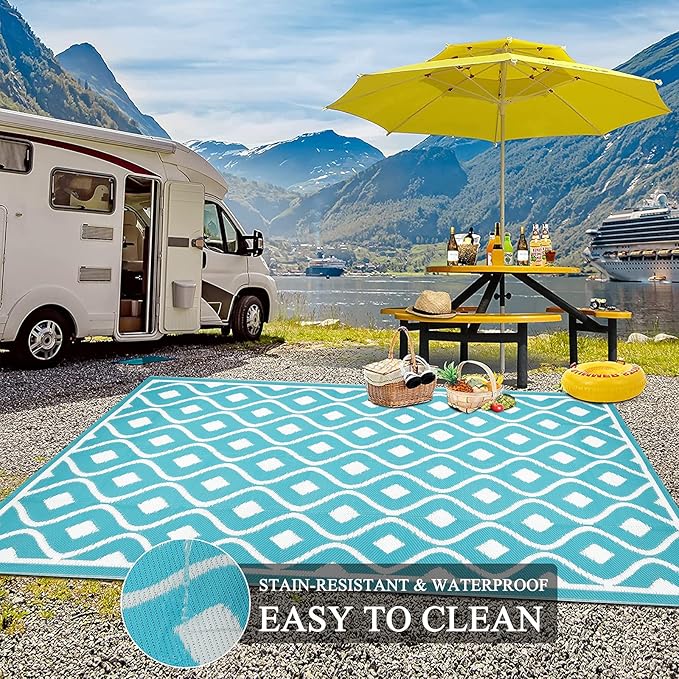 Pauwer Waterproof Outdoor Rug 6x9, Reversible Plastic Straw Patio Camping Rug, Indoor Outdoor RV Mat Carpet for Deck, Camper, Porch, Balcony, Backyard, Picnic, Geometric Teal