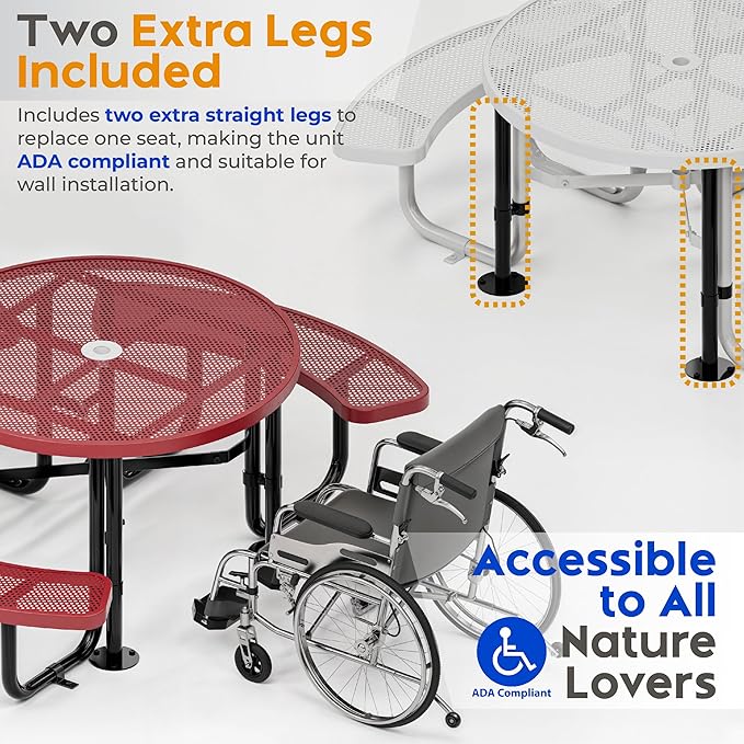 Metal Picnic Tables for Outdoors with Umbrella Hole - Coated Steel Heavy Duty Commercial Grade Table with Adjustable Seats (Red, 46 in, Round, Punched Steel)