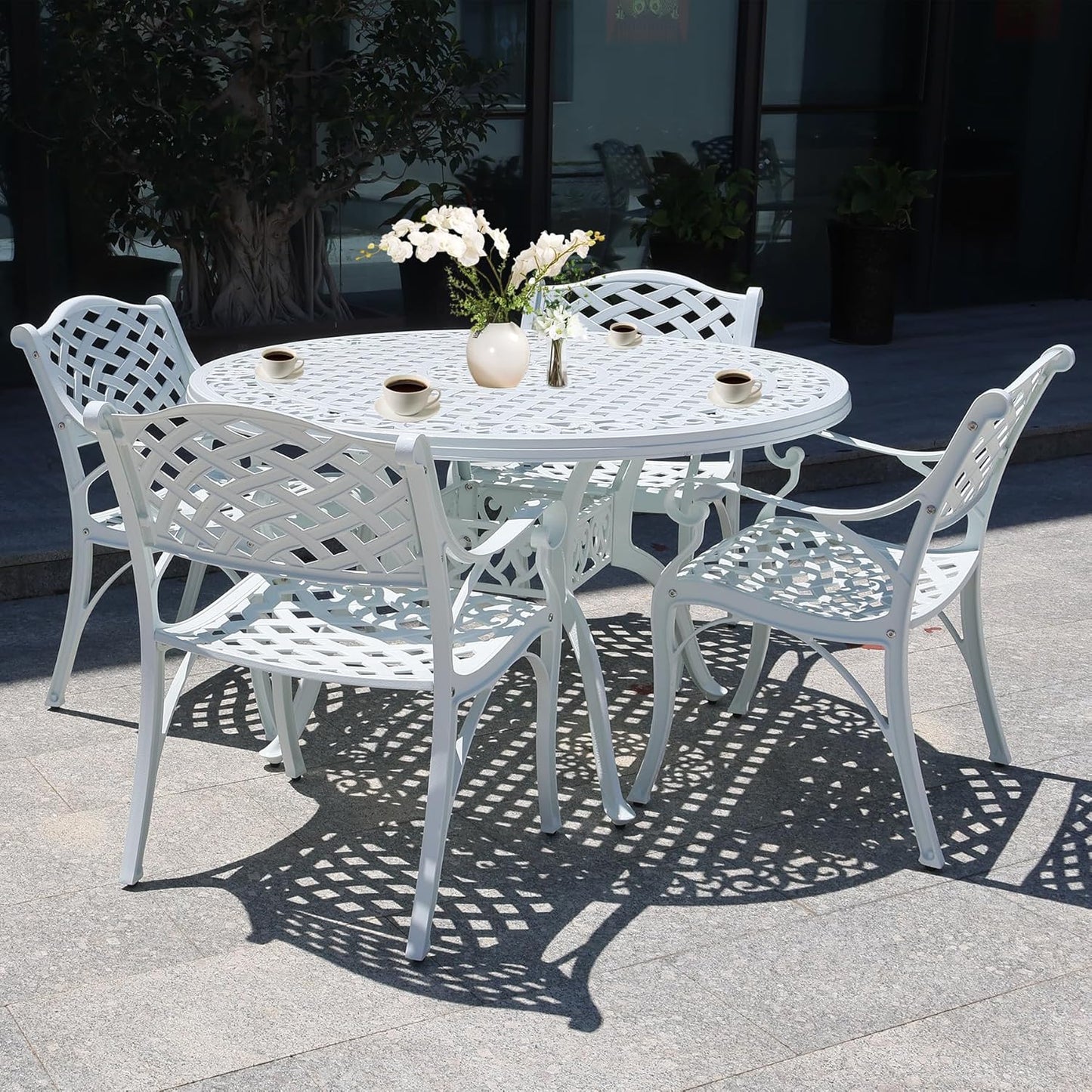 7 Pieces Cast Aluminum Outdoor Dining Set, Round 48" Dining Table with 2.36" Umbrella Hole and 6 Armchairs,All-Weather Patio Bistro Dining Set Outdoor Furniture Set for Patio, Balcony,White