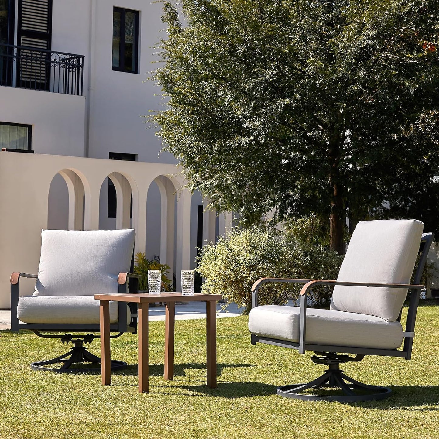 NATURAL EXPRESSIONS Outdoor Bistro Set, 3 Piece Swivel Glider Rocking Chairs Patio Conversation Furniture Set with 2 Rockers, 1 Metal Table and 6" Thick Cushions for Backyard, Porch, Balcony, 350lbs.