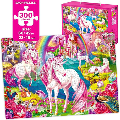 QUOKKA 300 Pieces Puzzles for Kids Ages 10-12 - 3X Set Floor Jigsaw Puzzles for 8-10 yo - Toy for Learning Unicorn – Jigsaw Educational Game for Adult Family Boy and Girl