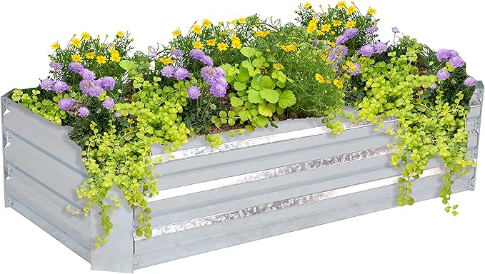 Sunnydaze 11.75" H Raised Metal Garden Bed - Galvanized Raised Garden Bed Outdoor for Vegetables and Flowers - Woodgrain - 4' x 2' Silver