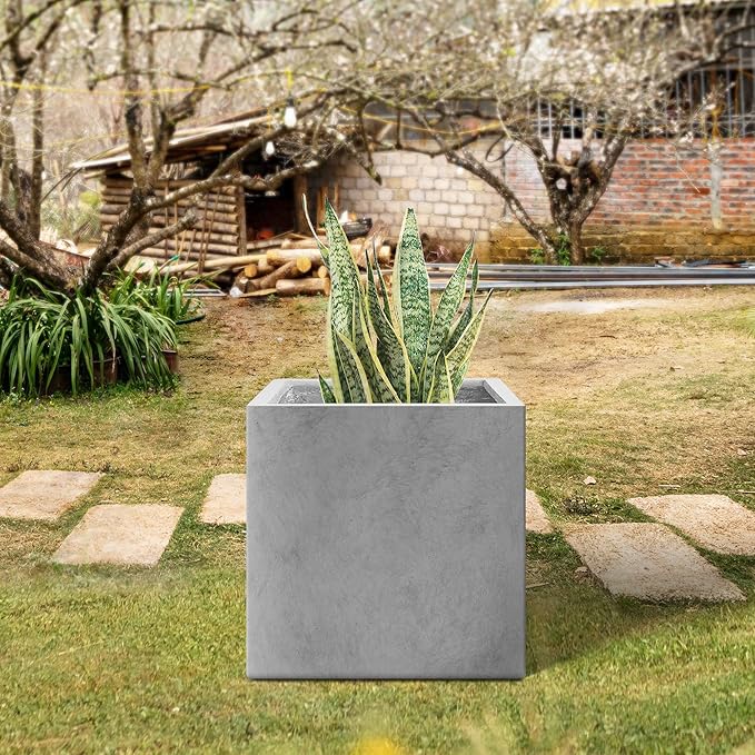 Kante 10 Inch Square Concrete Planter for Outdoor Indoor Home Patio Garden, Large Plant Pot with Drainage Hole and Rubber Plug, Natural Concrete