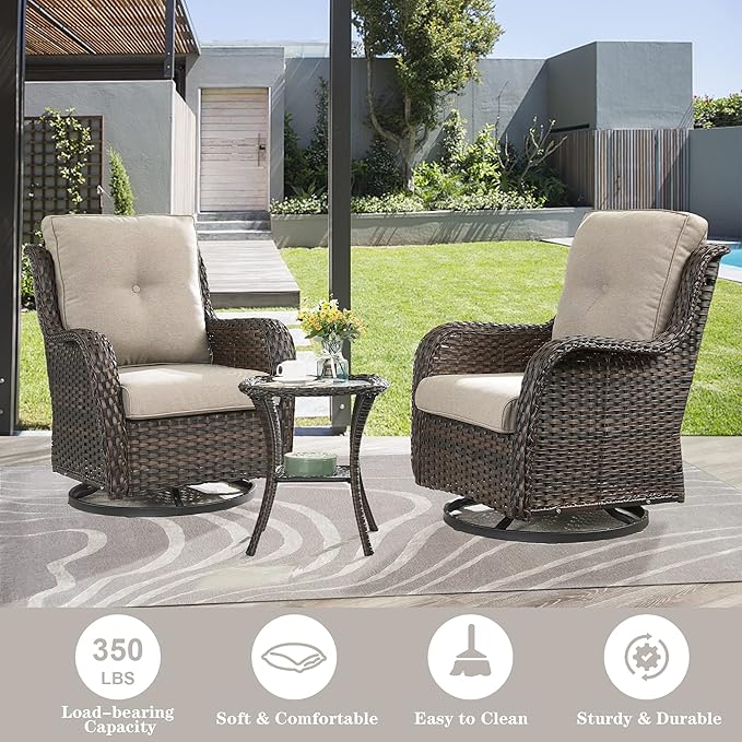 5 Pieces Patio Furniture Sets Wicker Outdoor Furniture, Rattan Patio Swivel Glider Chairs with 2 Ottoman and Glass Side Table