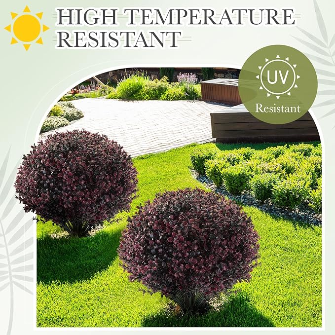 Yunlly 2 Pack 18" Artificial Boxwood Ball Bush Topiary Trees Fake Outdoor Plants, Realistic UV Resistance Faux Shrubs with Spike Greenery Topiary for Front Porch Garden Yard Patio Indoor (Dark Purple)