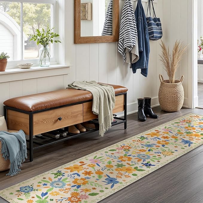 GENIMO Indoor Outdoor Area Rug 2' X 10' Waterproof, Washable Door Mat Non Shedding, Easy Cleaning Floral Outdoor Carpet for Patio, Entryway, Porch, Bathroom, Living Room, Bedroom, Backyard