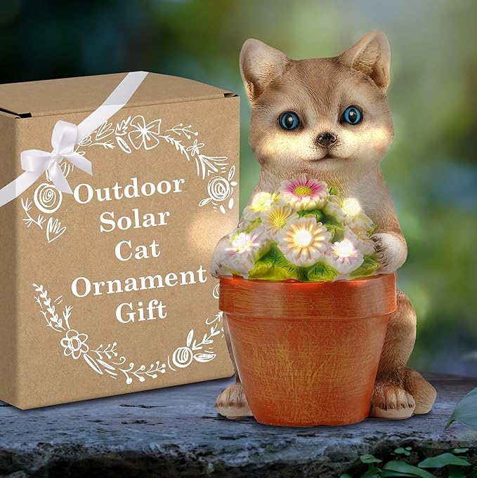 Muldale Cat Solar Light - Cat Garden Statue Outdoor - Solar Powered Cat Garden Decor for Outside - Hand Painted Floral Plant Pot Light Up Cat