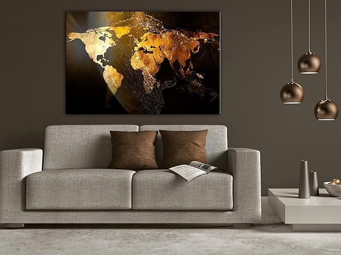 artgeist Textured Canvas Wall Art World map 35x24 in - 1pcs Painting Canvas Prints Picture Artwork Image Framed Contemporary Modern Wall Home Map Continent Sun Abstract k-C-10000-b-a