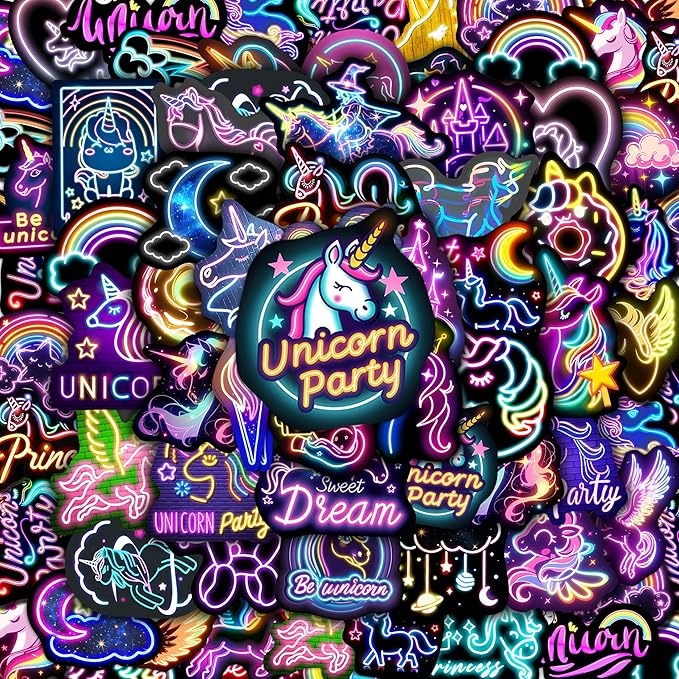 51 Pcs Neon Unicorns Stickers for Kids, Rainbows Sticker for Water Bottle, Vinyl Waterproof Laptop Decals for Teens Girls Boys, Students Adults Sticker Pack