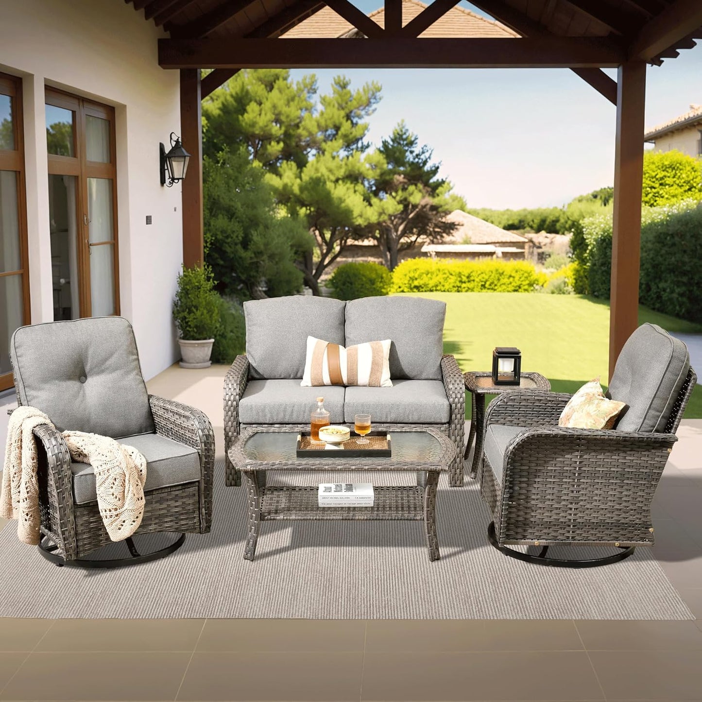 ovios 5 Pieces Patio Furniture Set, Outdoor Wicker Sofa with Swivel Chairs, Coffee Table, All Weather High Back Rattan Loveseat Couch with Comfy Cushions, Dark Grey