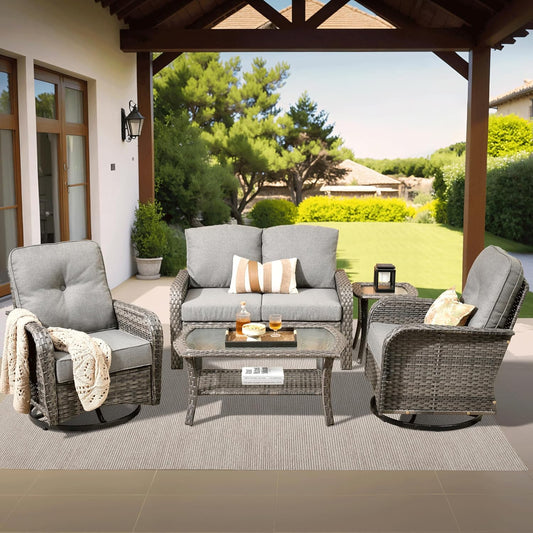 ovios 5 Pieces Patio Furniture Set, Outdoor Wicker Sofa with Swivel Chairs, Coffee Table, All Weather High Back Rattan Loveseat Couch with Comfy Cushions, Dark Grey