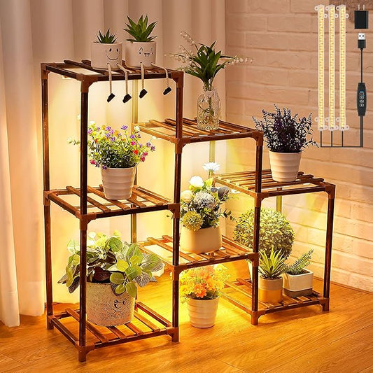 Plant Stand with Grow Lights Indoor, 7 Tiers Shape Plant Shelf with Light Full Spectrum Led Grow Light, Timer Function and Brightness Adjustment, Wood Plant Stand Indoor for Corner Living Room