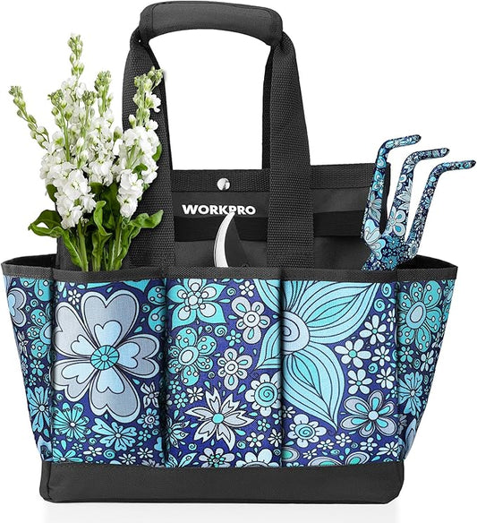 WORKPRO Garden Tool Bag, 9 Pockets Gardening Bag, Heavy Duty Oxford Garden Tote Caddy (Tools NOT Included), 12" x 12" x 6" (Floral Blue)