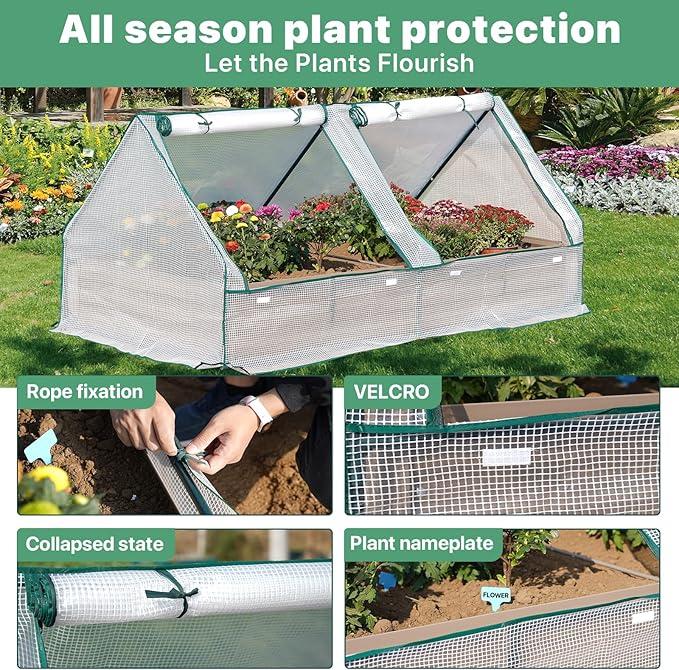 Metal Raised Garden Bed with Greenhouse 2 Large Zipper Windows Dual Use,Galvanized Steel Raised Garden Bed for Gardening Vegetables Fruit,20pcs T-Types Tags & 1 Pair of Gloves,8x4x1FT,Brown