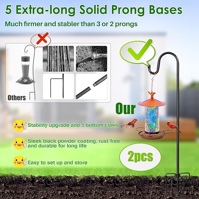 XDW-GIFTS Bird Feeder Pole for Outdoor, 2-Pack 45 Inch Shepherds Hooks Heavy Duty Garden Pole for Hanging Plant Basket, Solar Light Lanterns, Garden Plant Hanger Stands with 5 Base Prongs