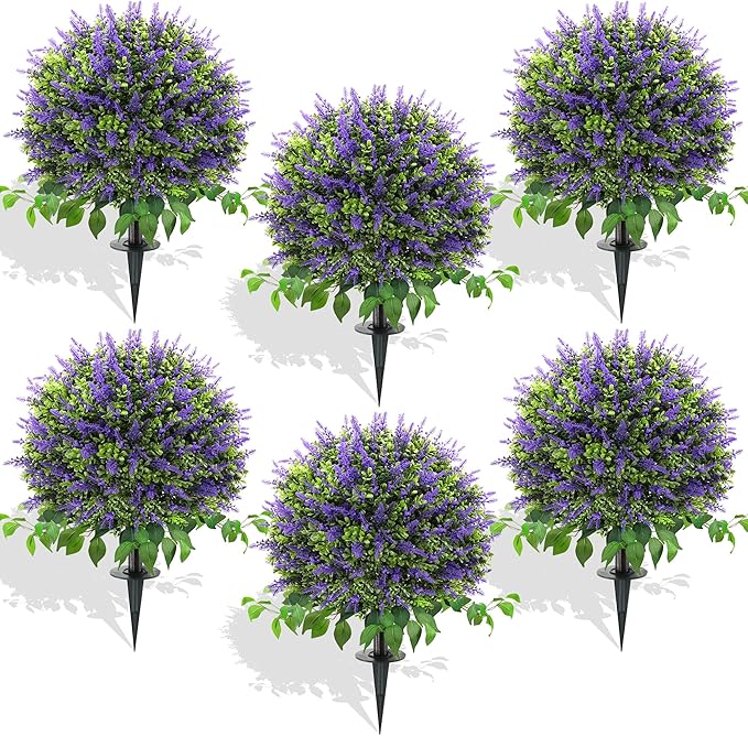 28" Artificial Boxwood Topiary Ball with Lavender, UV Resistant Topiary Tree Faux Boxwood Ball Shaped Porch Bushes with Ground Spike Artificial Bushes for Outdoors Front Door Decor Home Garden