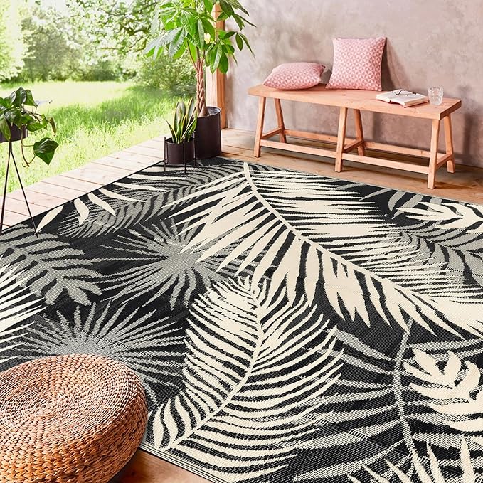 Outdoor Rug Waterproof for Patios Clearance, Reversible Outdoor Plastic Straw Rug Camping Carpet, Outside Floor Mats Large Area Rugs for RV,Patio,Deck,Porch,Beach, Balcony，8'x10',Black&Beige