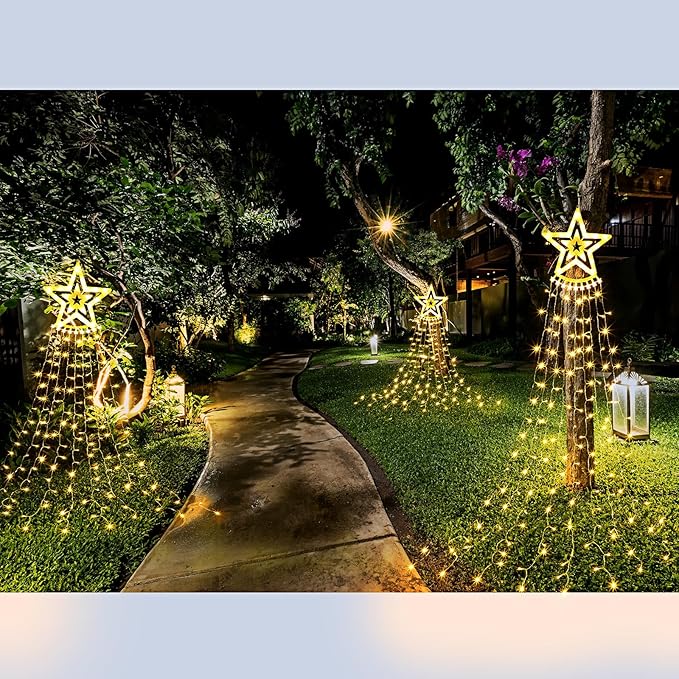 3 Pcs Christmas Decorations Star String Lights 3 Size 108/135/162 LED Waterproof String Lights with Christmas Tree Topper Lighting 8 Modes Waterfall Lights for Garden Yard Party, Warm White