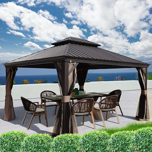 Kozyard Alexander Hardtop Aluminum Permanent Gazebo with a Mosquito Net and Privacy Sidewalls (Alexander 12'x14' (Brown)
