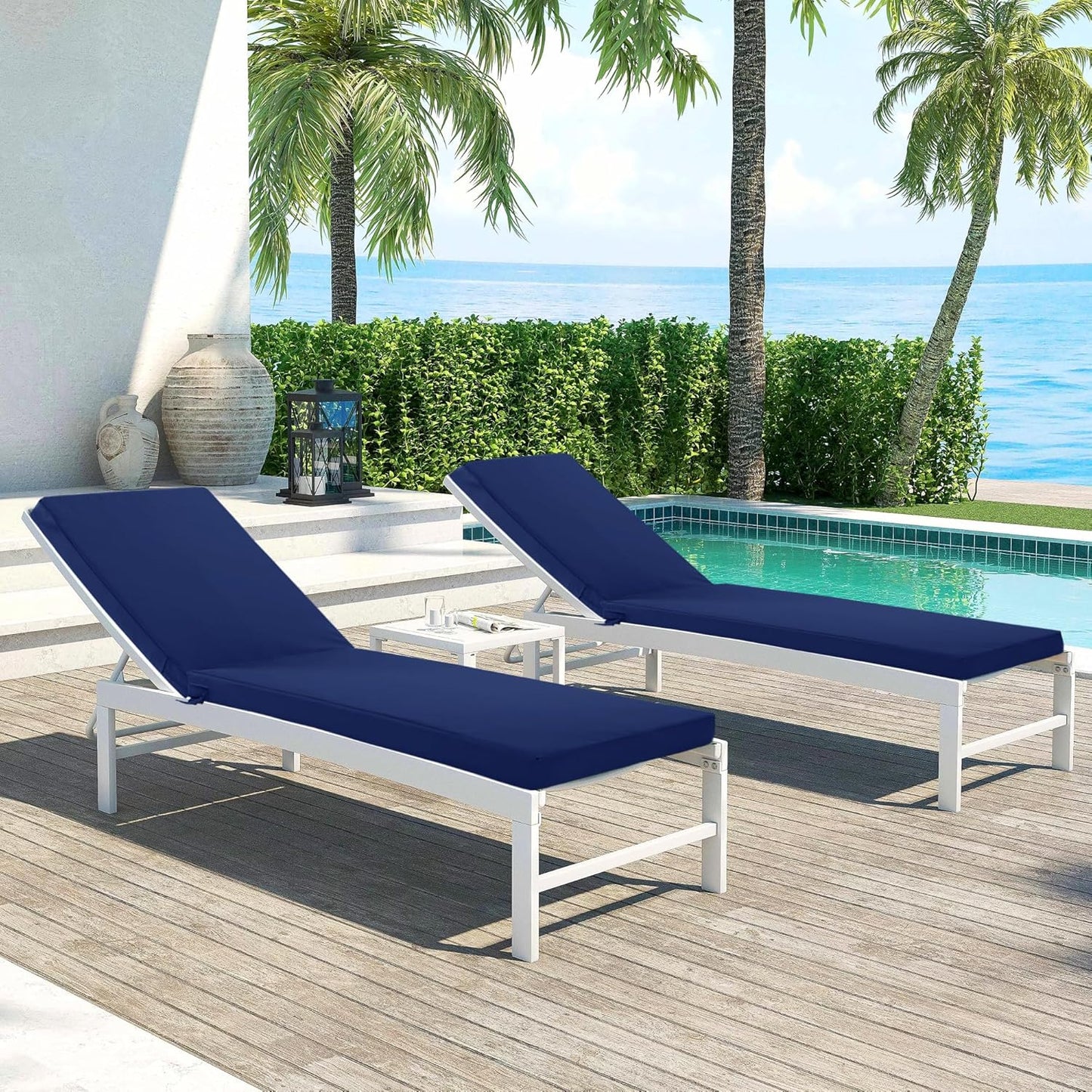 Chaise Lounge Cushions Outdoor Set of 2 - Waterproof and Fade Resistant Sun Lounger Replacement Cushions - Patio Lounger Pads with Removable Cover for Pool, Deck, 72 x 21 x 3 Inch, Navy