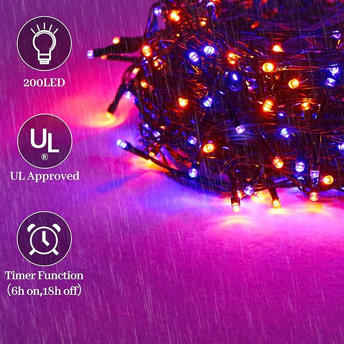 Halloween 200 LED String Lights, 72FT Orange and Purple Halloween Lights Outdoor Decorative,11 Modes with Remote Plug in Halloween Indoor Lights for Halloween Yard Party Decorations
