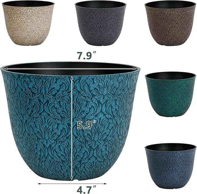Worth Garden Plastic Round 8" Plant Pots for Indoor Plants - Set of 6 Multicolor Small Flower Pots W/Drainage Hole and Rubber Plug - Home Christmas Decorative planters Retro Floral Pattern