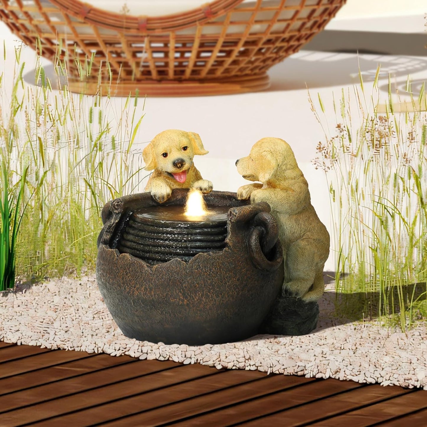 LuxenHome Outdoor Water Fountain, 16 Inch Adorable Puppies Resin Water Fountains Indoor with LED Lights, Farmhouse Waterfall Outdoor, Indoor Fountains and Waterfalls for Patio, Garden Decor