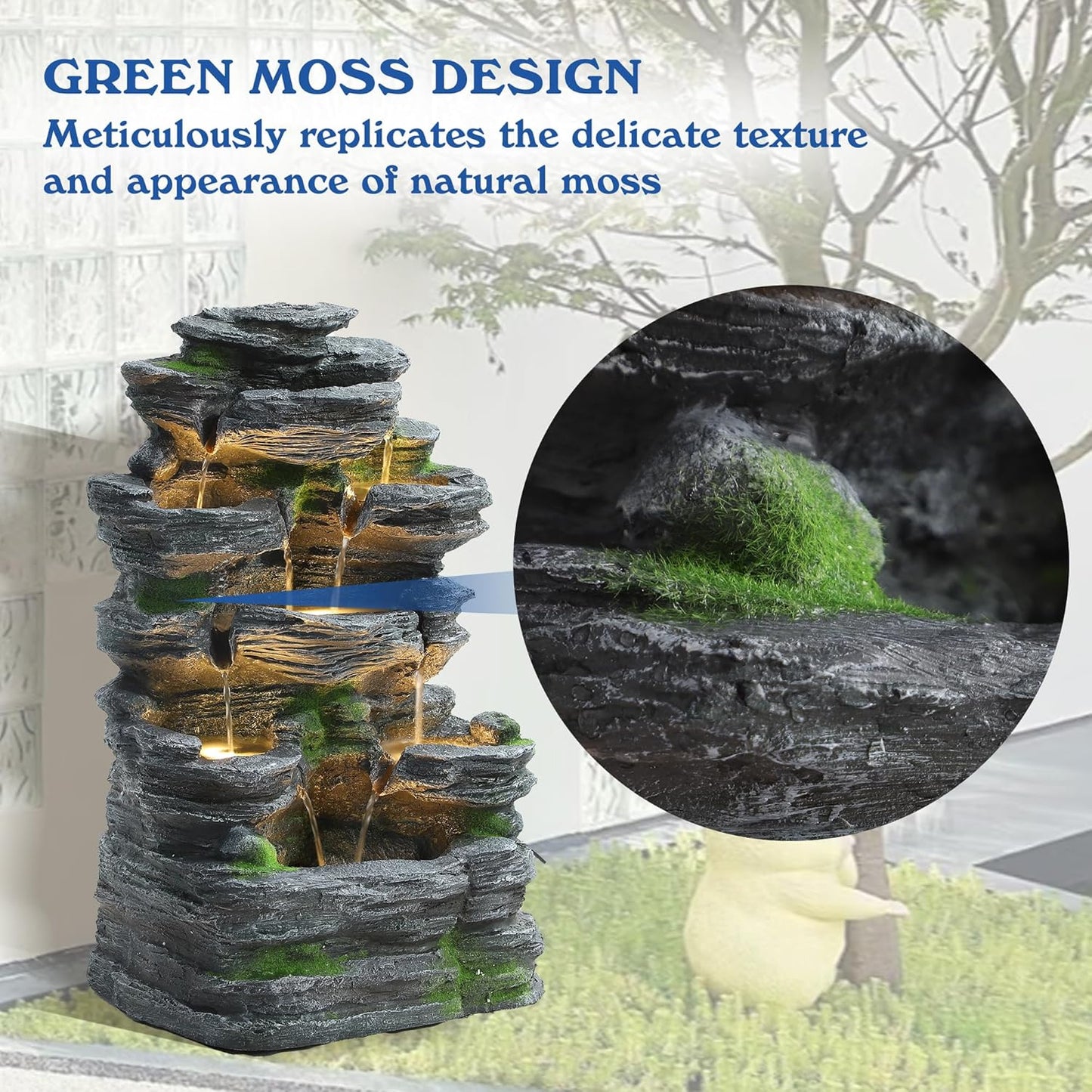 TITIMO 7-Tier Cascading Rock Water Fountain Outdoor Garden Waterfall with Lights,Fountain Indoor Decor for Garden, Patio, Backyard, Deck, Porch and Home Art Decor (24" H)