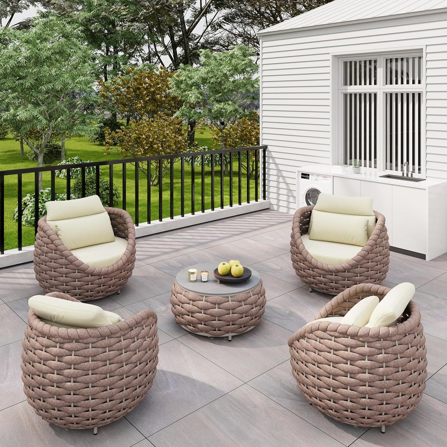 Aluminum Patio Conversation Set: 5 Pieces Deck Furniture Set All Weather - Cushioned Woven Rope Outdoor Sofa Set Assembled - Metal Modern Couch Set for 400 lbs Porch Garden Hotel, Terracotta