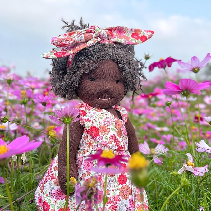 BlissfulPixie Handmade Birthday Present for Girl Black Doll Waldorf Collect Rag Doll with Exquisite Box-Dezi 12"