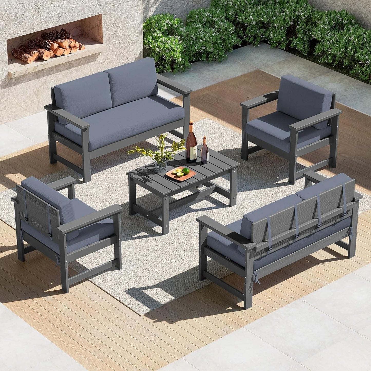SERWALL 5 Pieces HDPE Outdoor Sofa Set with Cushions, All Weather Loveseat Social Furniture Set, Couch Conversation Chairs with Coffee Table, Grey Frame with Grey Cushions