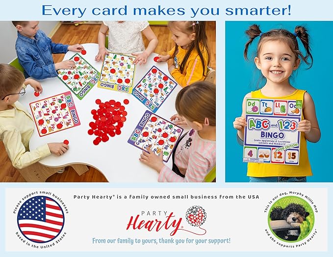 Party Hearty Alphabet and Number, ABC and 123 Bingo Board Game for Kindergarten and Preschool Kids Learn to Read Fun 2 Versions for Ages 4 and Up (Food Edition)