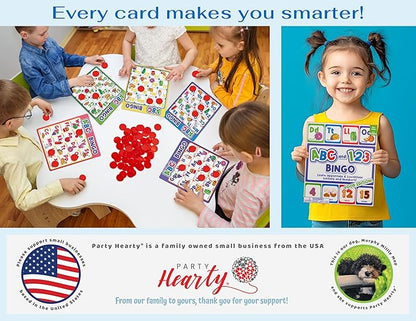 Party Hearty Alphabet and Number, ABC and 123 Bingo Board Game for Kindergarten and Preschool Kids Learn to Read Fun 2 Versions for Ages 4 and Up (Food Edition)