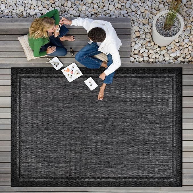 CAMILSON Indoor Outdoor Rug, 9x12 Bordered Dark Grey Black Modern Large Area Rugs for Indoor and Outdoor Patios, Kitchen and Hallway Mats, Washable Porch Deck Outside Carpet (Bordered Black, 9 x 12)