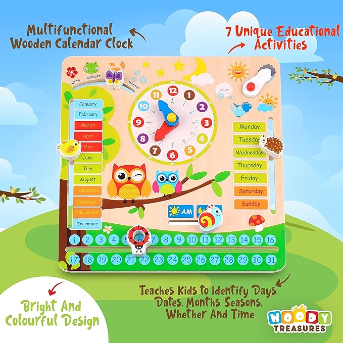 Montessori Wooden Toys Kids Clock - Wooden Toy for 3 Year Olds - Unique Learning Toy for Toddlers Learn About Seasons, Months, Days of Week, Time Telling - Educational and Fun