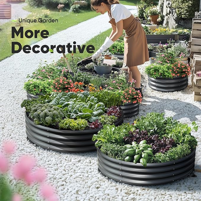 KING BIRD Raised Garden Bed Galvanized Round Planter Box Outdoor for Gardening, Plants, Vegetables, Flowers, Dark Grey, 24x24x12 in 2 Packs