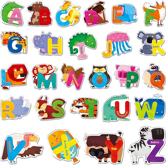 26PCS Alphabet Animal Jelly Stickers, Thick Window Door Clings Removable Reusable Letter Gel Clings Decals for Kids Toddlers Adults Home Classroom Animal Theme Party Supplies Decors (Not Edible)
