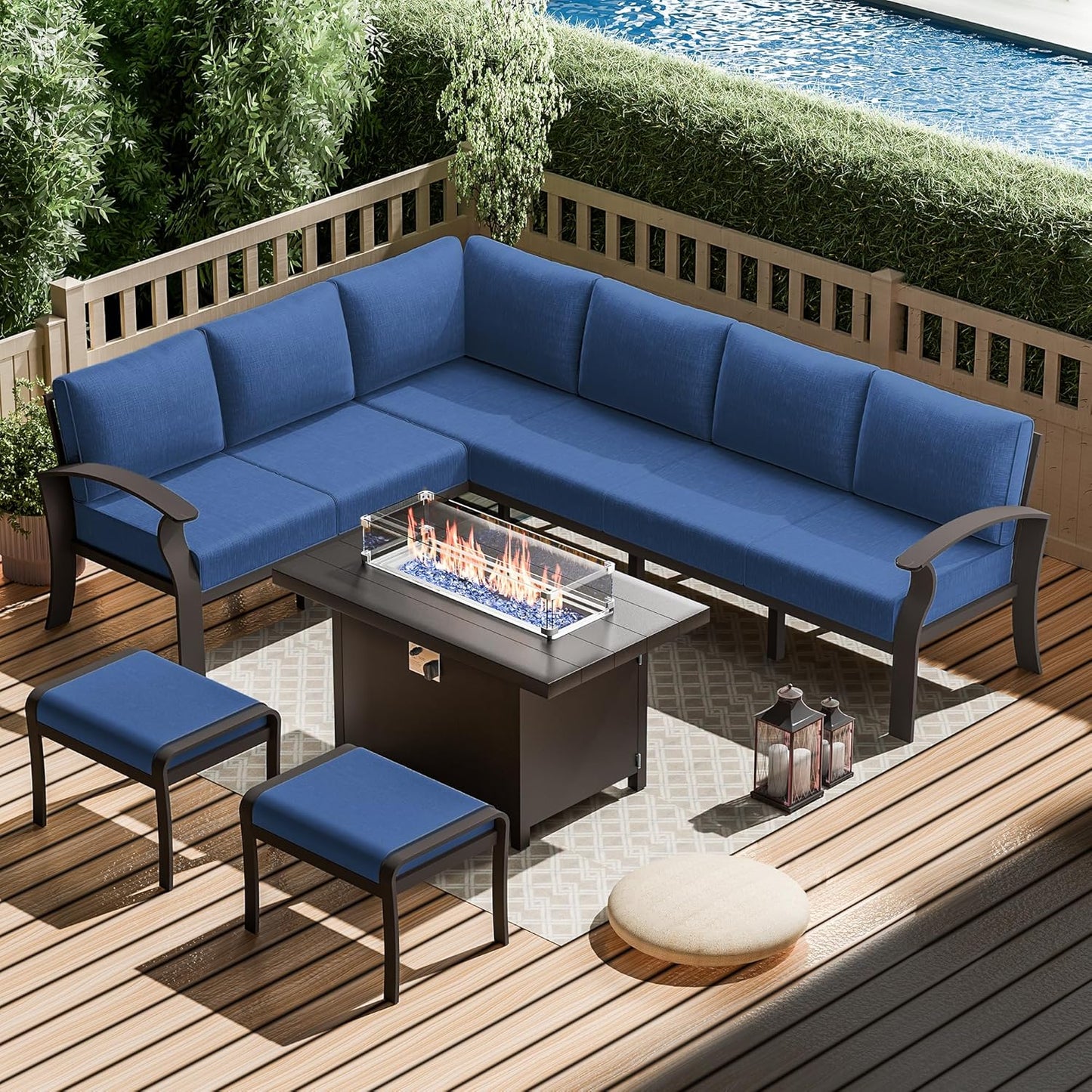 Aluminum Patio Furniture Set with Fire Pit Table, 8 Seats Outdoor Patio Conversation Set Modern Metal Patio Sectional Sofa w/5.1" Upgrade Cushions for Porch, Patio, Backyard(Navy Blue).