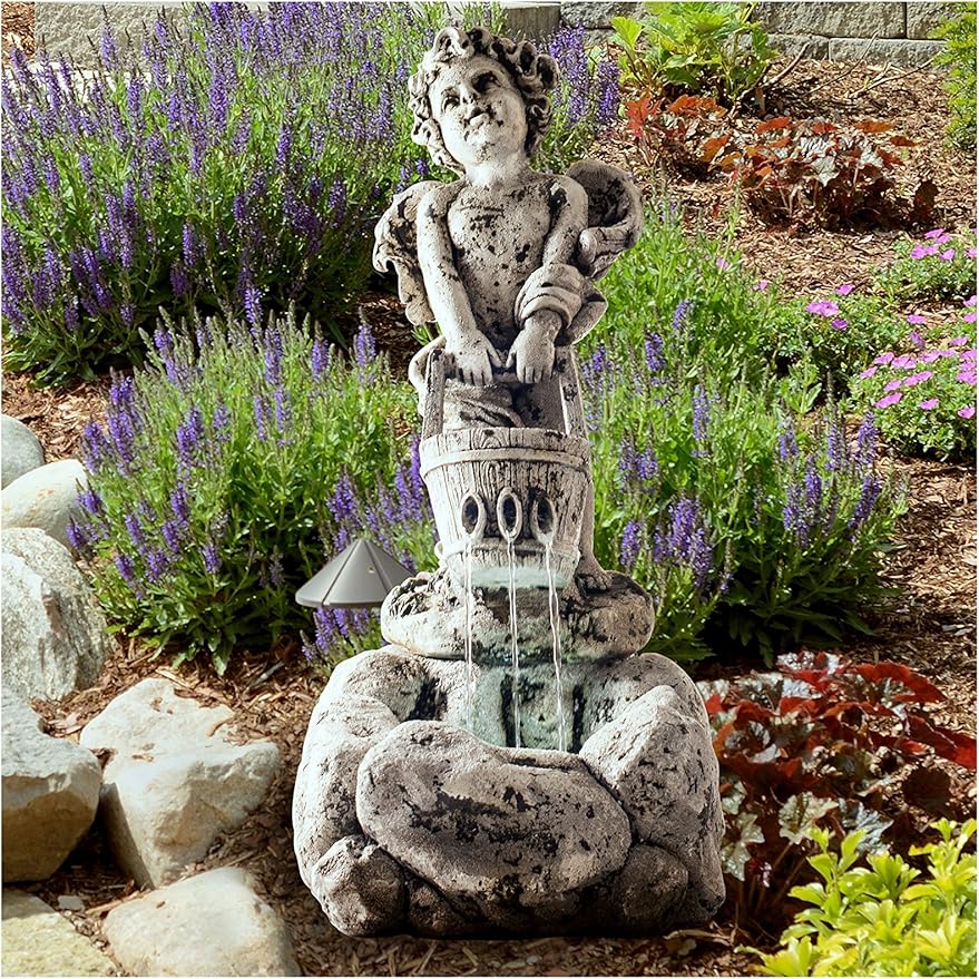Outdoor Water Fountain With LED Lights, Lighted Cherub Angel Fountain With Antique Stone Design for Decor on Patio, Lawn and Garden By Pure Garden 10.25x15
