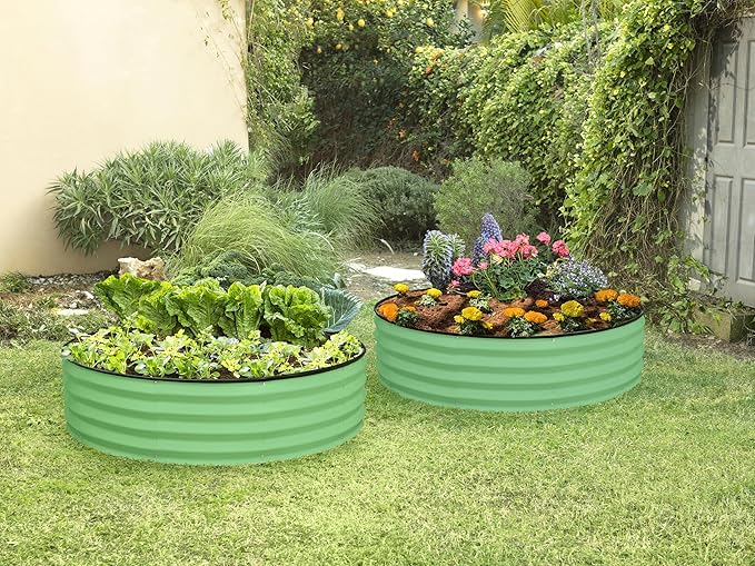 Round Galvanized Raised Garden Bed // 4×4×1 ft Galvanized Raised Garden Beds Outdoor for Gardening, Vegetables, Flowers // Patented Tool-Free Design Round Planter (Light Green)