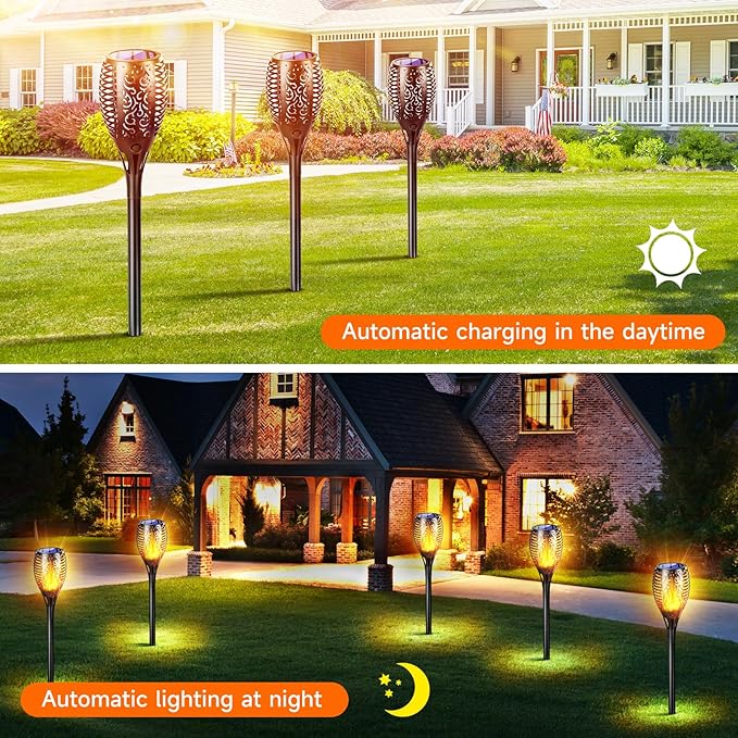 Upgraded Larger Solar Lights Outdoor, Solar Torch Light with Flickering Flame, Solar Garden Lights, Waterproof Solar Powered Outdoor Lights, Outdoor Patio Channel Garden Decoration (Orange, 4Pack)