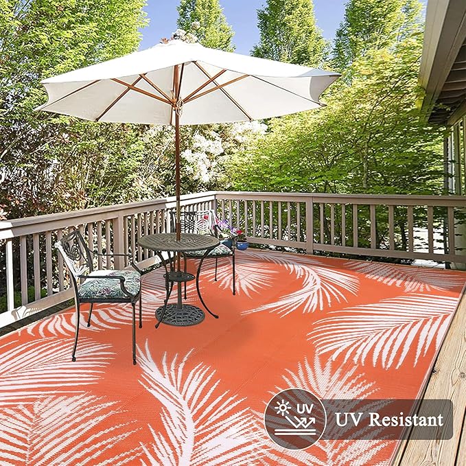 Pauwer Waterproof Outdoor Rug 8x10, Reversible Plastic Straw Patio Camping Rug, Indoor Outdoor RV Mat Carpet for Deck, Camper, Porch, Balcony, Backyard, Picnic, Leaf Orange