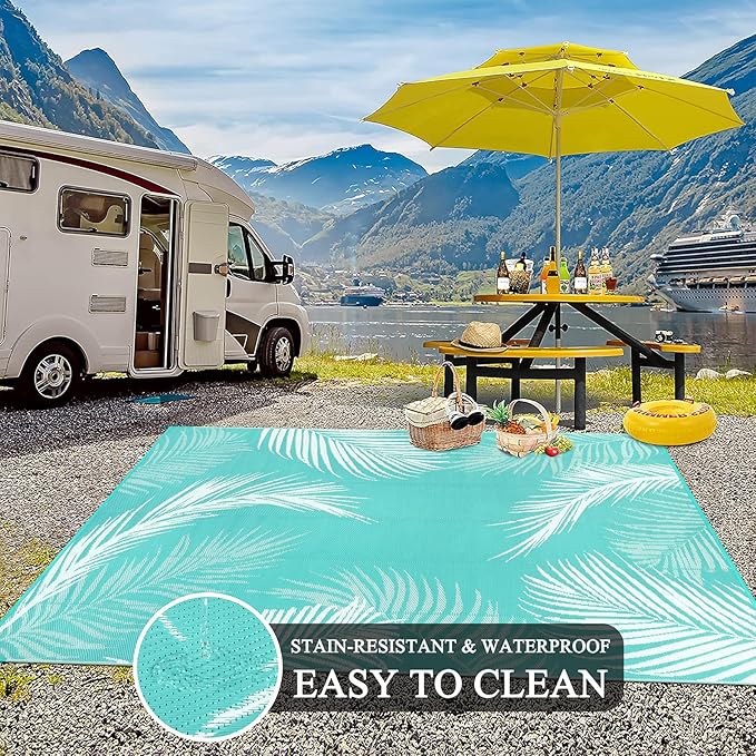 Pauwer Waterproof Outdoor Rug 6x9, Reversible Plastic Straw Patio Camping Rug, Indoor Outdoor RV Mat Carpet for Deck, Camper, Porch, Balcony, Backyard, Picnic, Leaf Light Blue