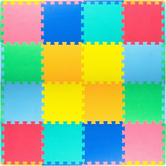 ProSource Foam Puzzle Floor Play Mat for Kids and Babies with Solid Colors, 36 or 16 Interlocking Tiles with Borders, Assorted