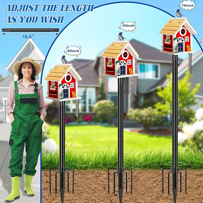 Ottsuls Bird Feeder Pole, 76 Inch Heavy Duty Bird House Pole Kit for Outdoors, with Wooden Board, 5-Prong Base Feeding Station for Wild Birds Watching, Adjustable Feeder Stand (House Not Included)