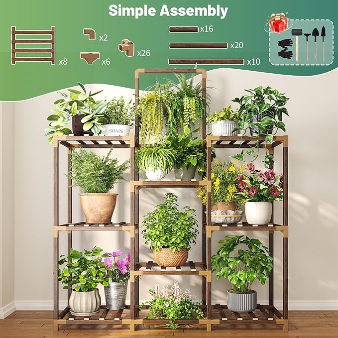 EnHomee Plant Stand Indoor Tall Plant Stand Outdoor Large Wood Plant Shelf Indoor for 12 Pots Plants,3-tiers Plant Holder for Patio Living Room Gardening Balcony 34.5" Wx47.3 Hx11.78 D