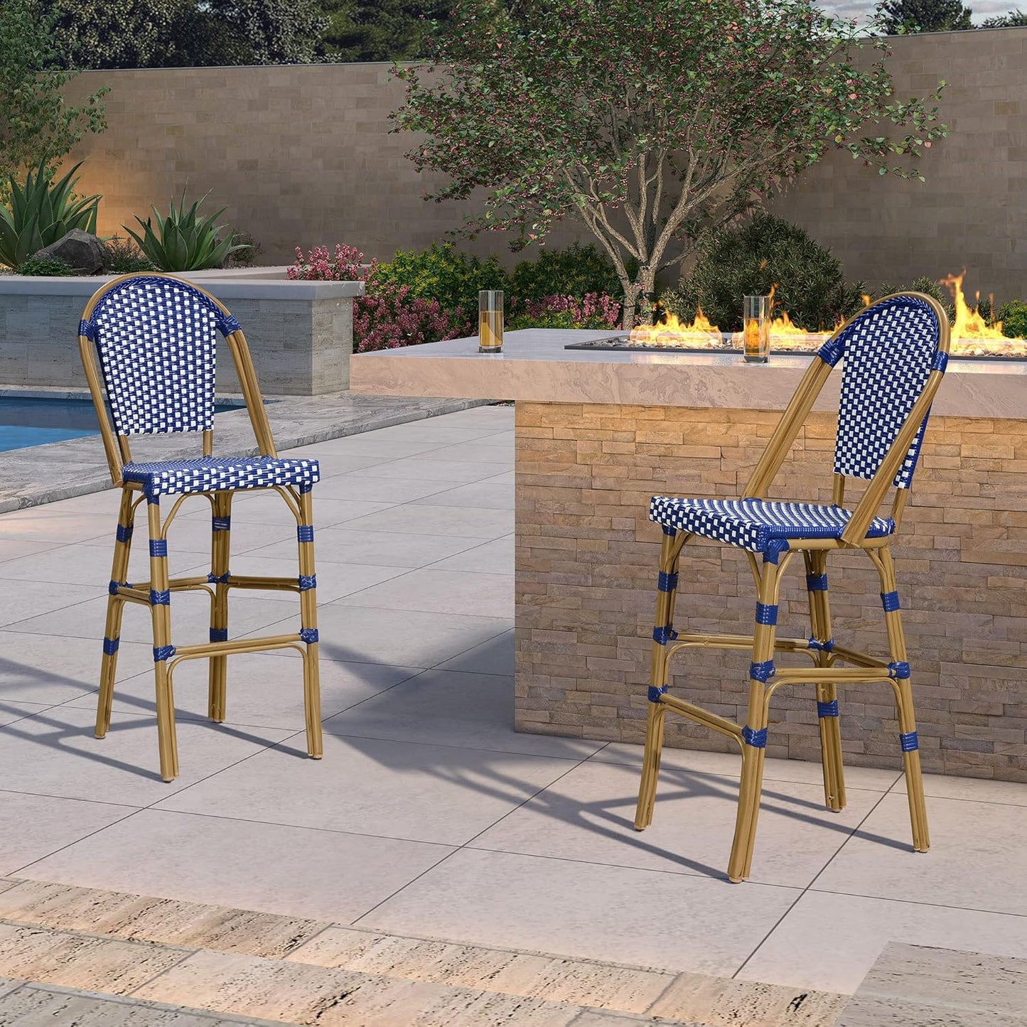 PURPLE LEAF French Bar Stool Set of 4 Bamboo Print Finish Patio Bar Stools with Back Rattan Bar Chairs Wicker Bar Height Stool 30" with Footrest Kitchen Island Stools Outdoor Barstool Royal Blue